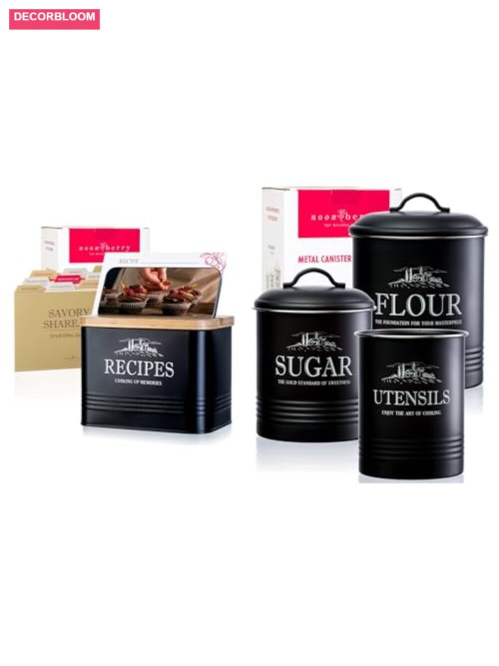 Metal Recipe Box & 3 Kitchen Canisters Set with Utensil Holder